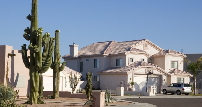 Phoenix Arizona Cul-de-sac with Saguaro Cacti in Front Adobe House